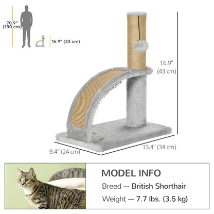 17" Small Cat Tree with Jute Scratching Post, Curved Scratching Board, Dangling Ball with Bell, Grey