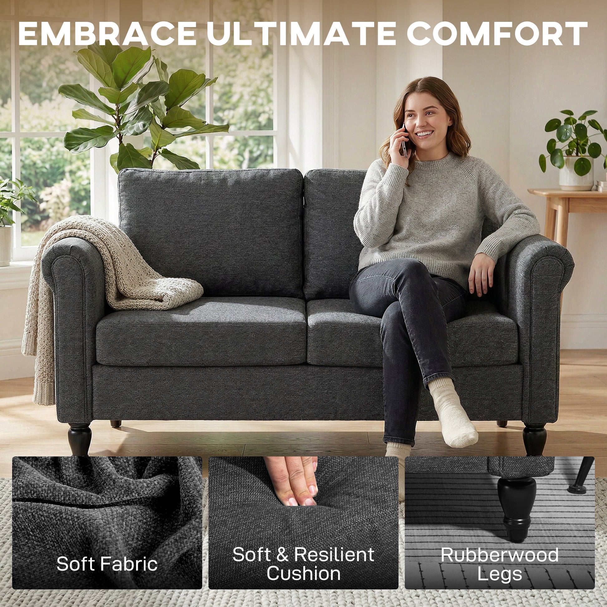 Vintage Loveseat, Upholstered Love Seat Furniture, Chenille-feel Fabric 2 Seater Sofa Couch with Rolled Arms, Gourd-Shap