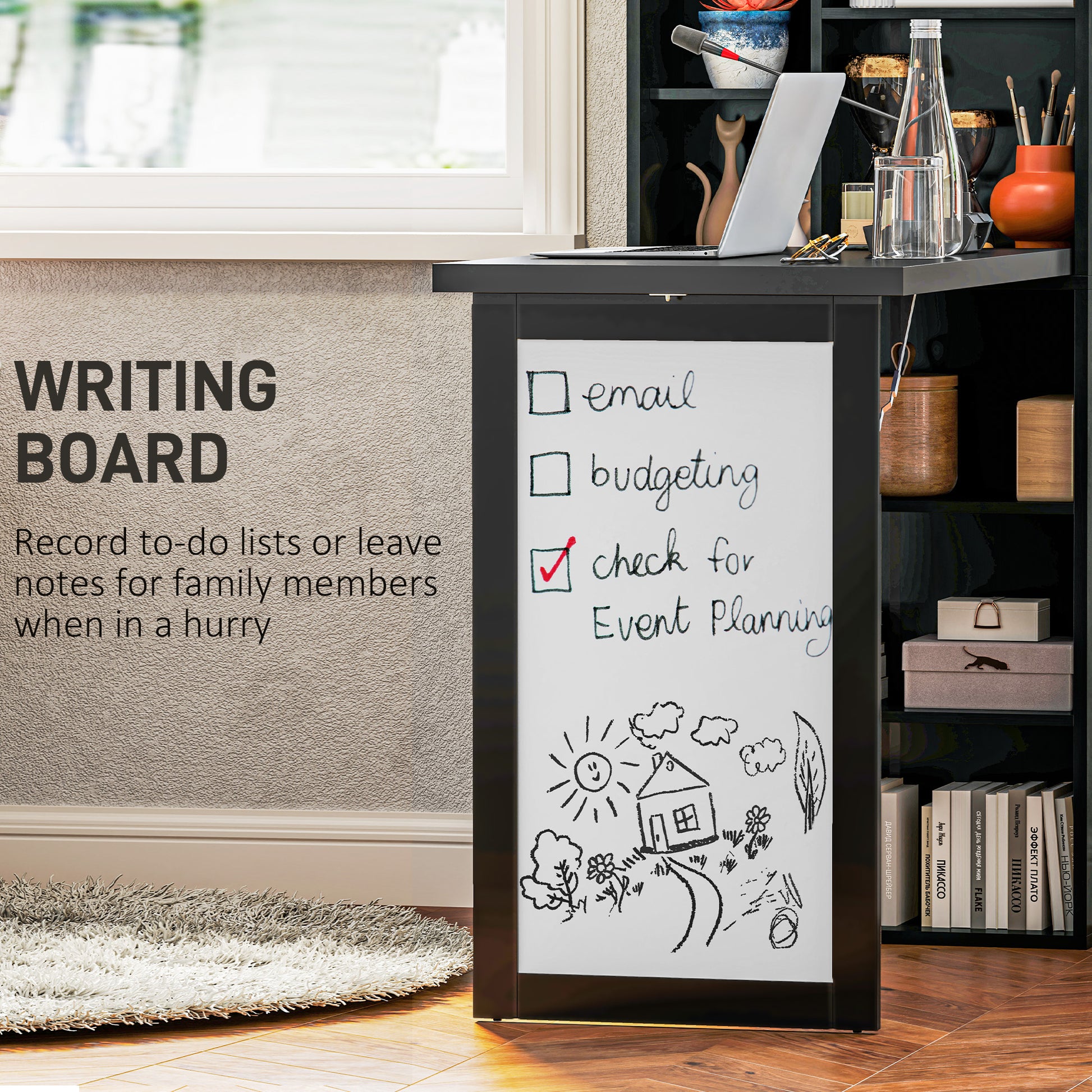 Fold-out Convertible Office Desk, Wall Mount Computer Desk with Whiteboard and Side Shelf, Black