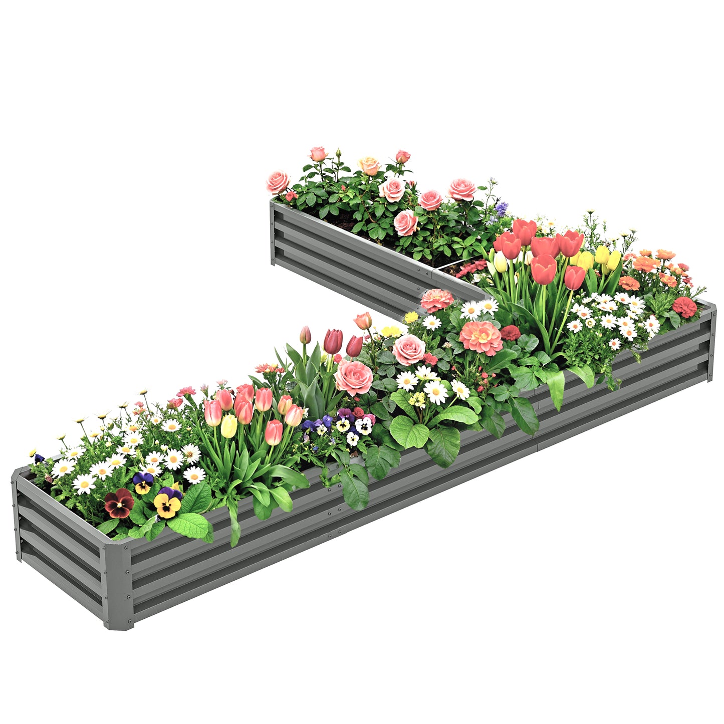L-Shaped Raised Garden Bed, 82" x 109" x 12" Galvanized Steel Planter Box with Multi-reinforced Rods for Vegetables, Flo