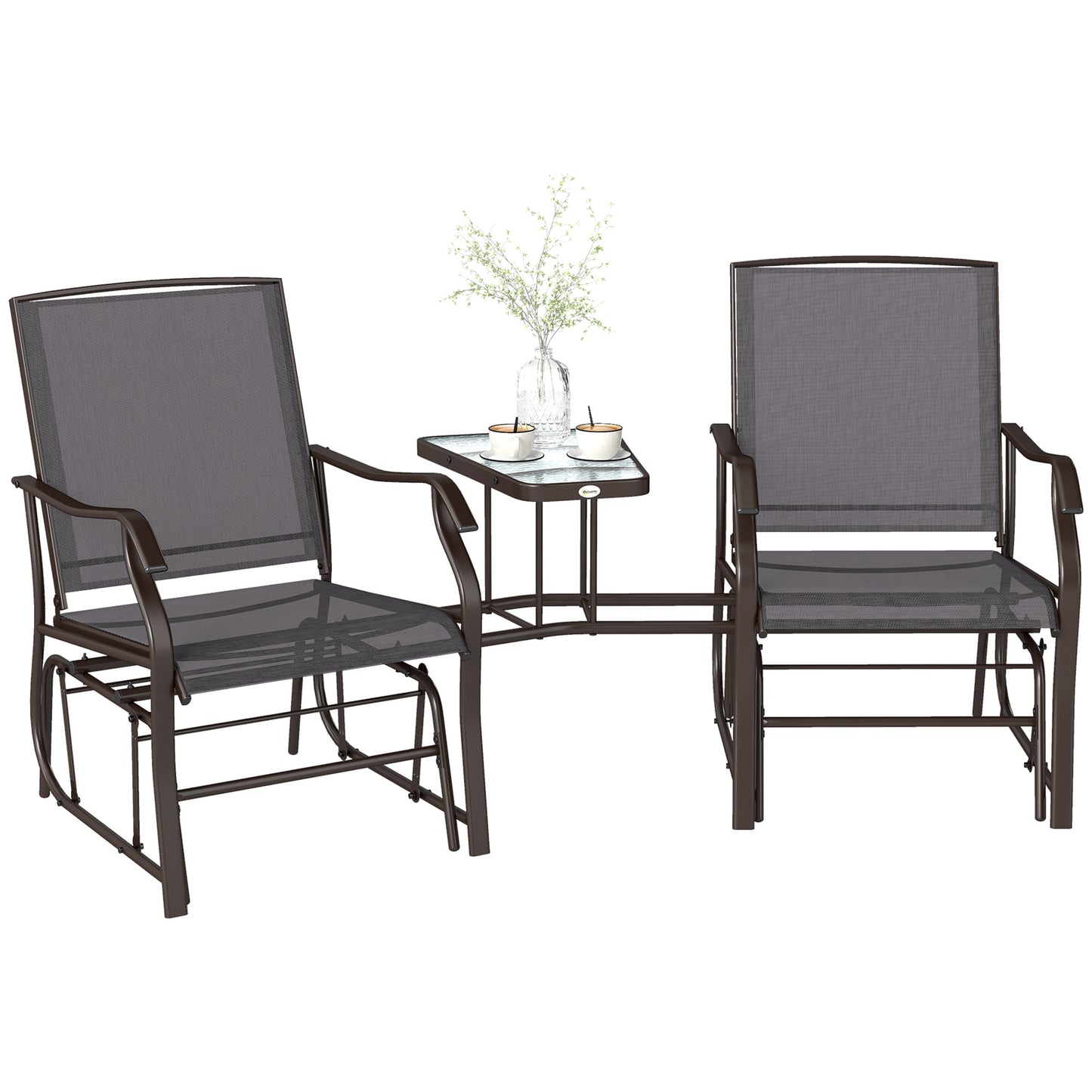Double Patio Glider Chair with Glass Top Center Table, Outdoor Glider Loveseat with High Back,  All Weather Breathable M