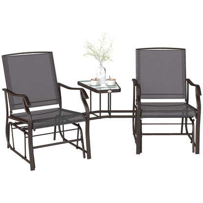Double Patio Glider Chair with Glass Top Center Table, Outdoor Glider Loveseat with High Back,  All Weather Breathable M