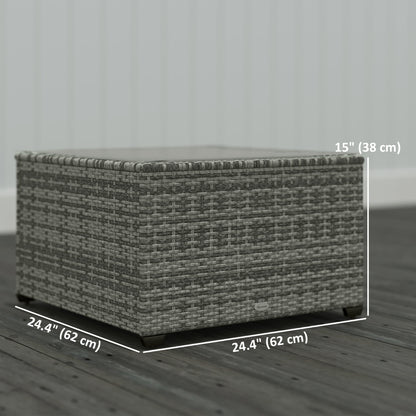 24.4" Patio Wicker Coffee Table, PE Rattan Outdoor Side Table with Tempered Glass Top, Light Grey