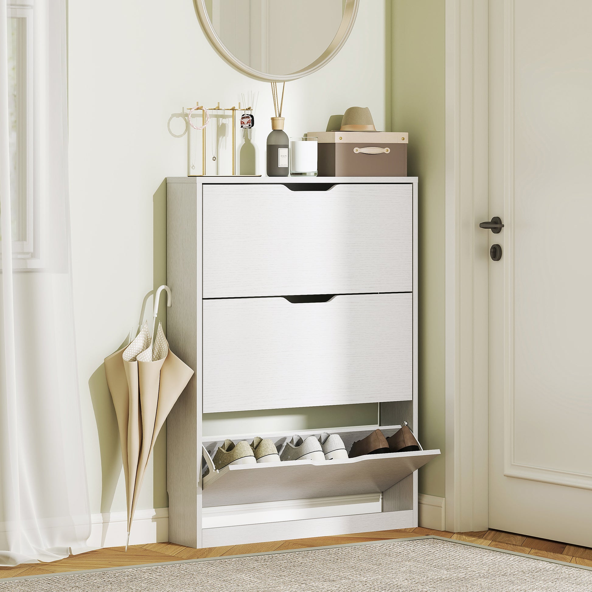 Narrow Shoe Storage Cabinet, Shoe Cabinet with 3 Flip Drawers, 31.5" W x 6.7" D x 42.5" H, White