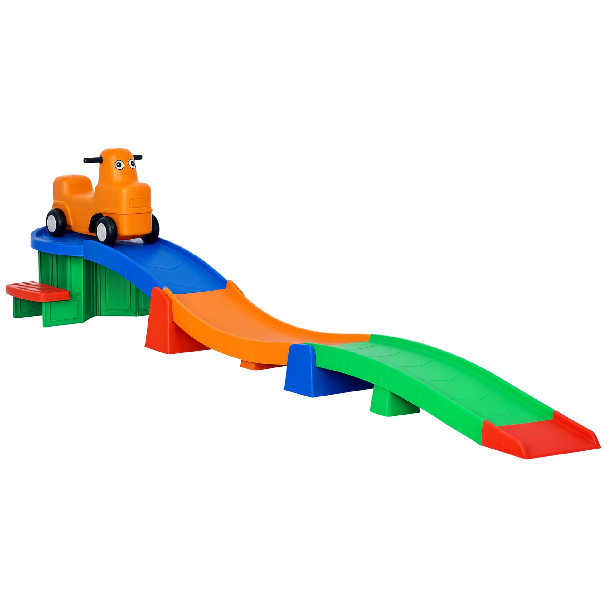 Qaba 9.8 ft Up and Down Roller Coaster for Kids, Thrill 4 Pieces Toddler Roller Coaster Ride on Toy with Side Steps, Sli