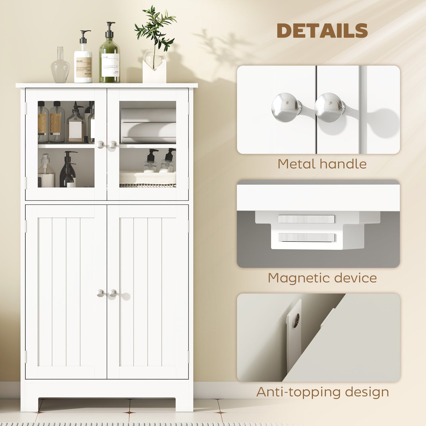 Bathroom Floor Storage Cabinet with Tempered Glass Doors and Adjustable Shelf, Kitchen Cupboard, Free Standing Organizer