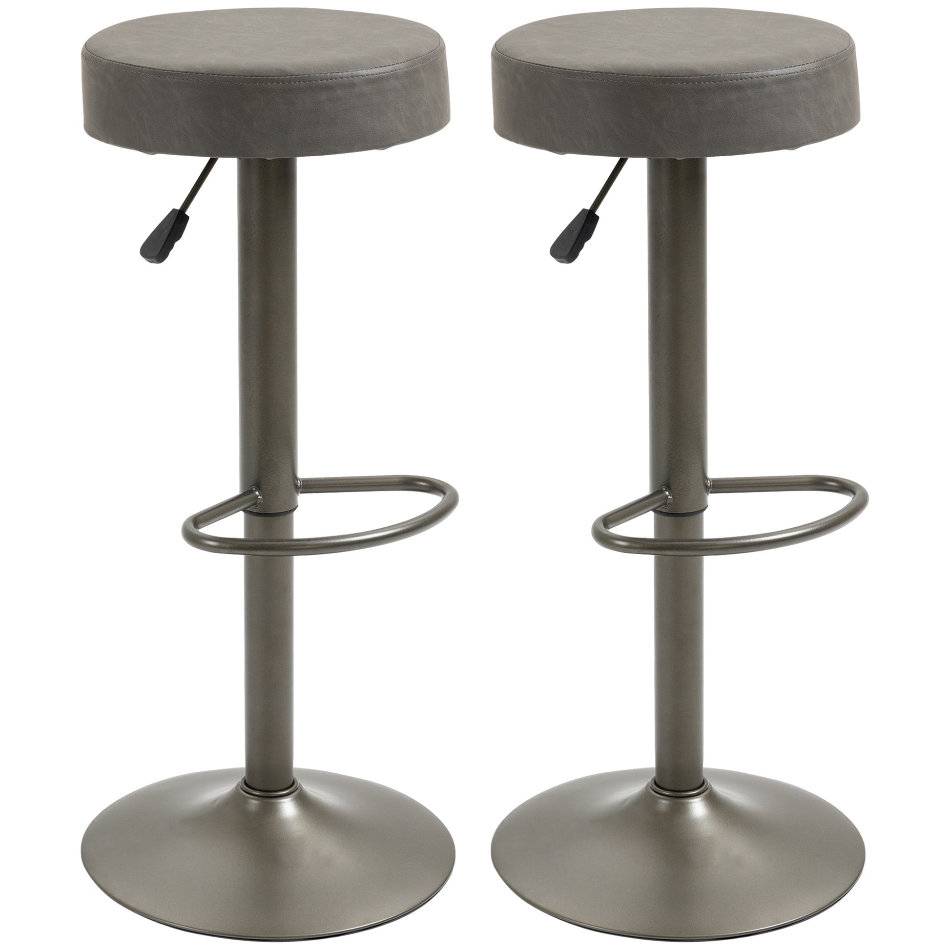 Modern Adjustable Bar Stools Set of 2, Swivel Barstool with Footrest, PU Leather Round Top for Kitchen, Dark Grey