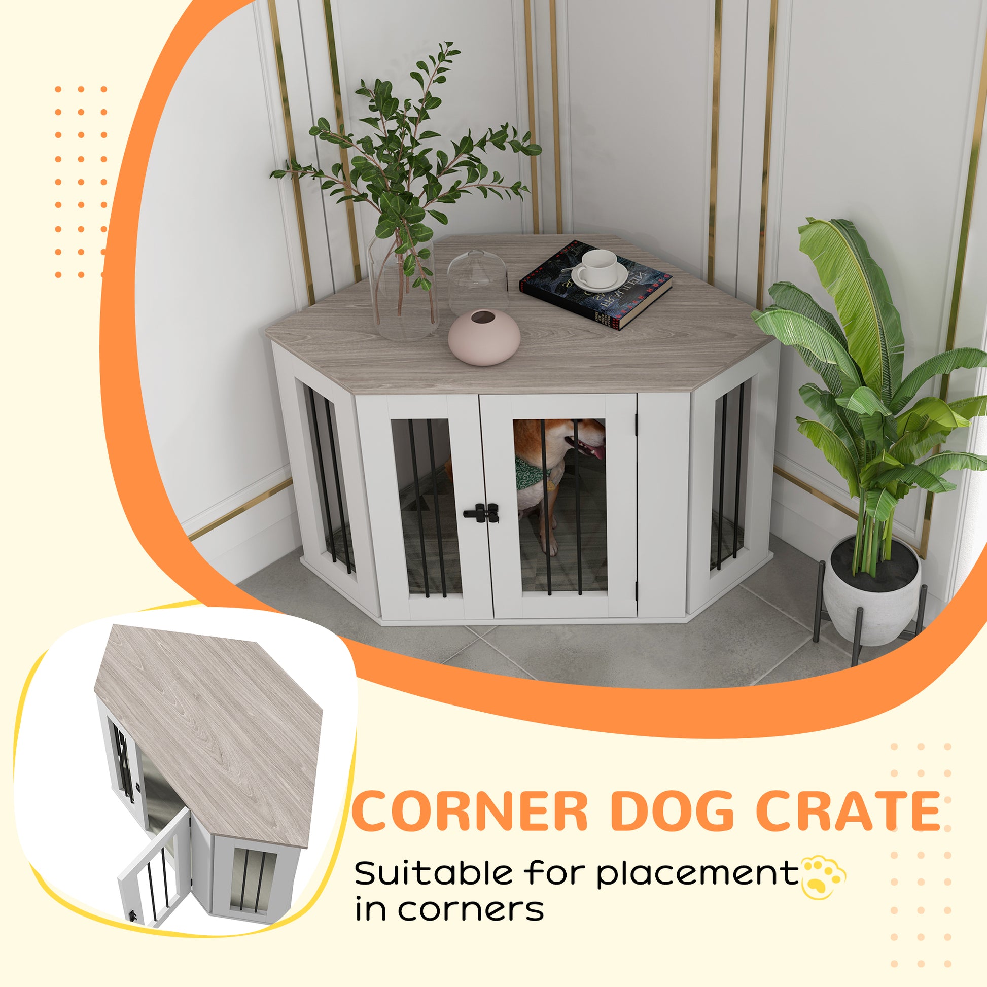 Dog Crate Furniture with Cushion, 41 Inch Corner Design Dog Crate End Table for Medium Dogs, Multi Colour