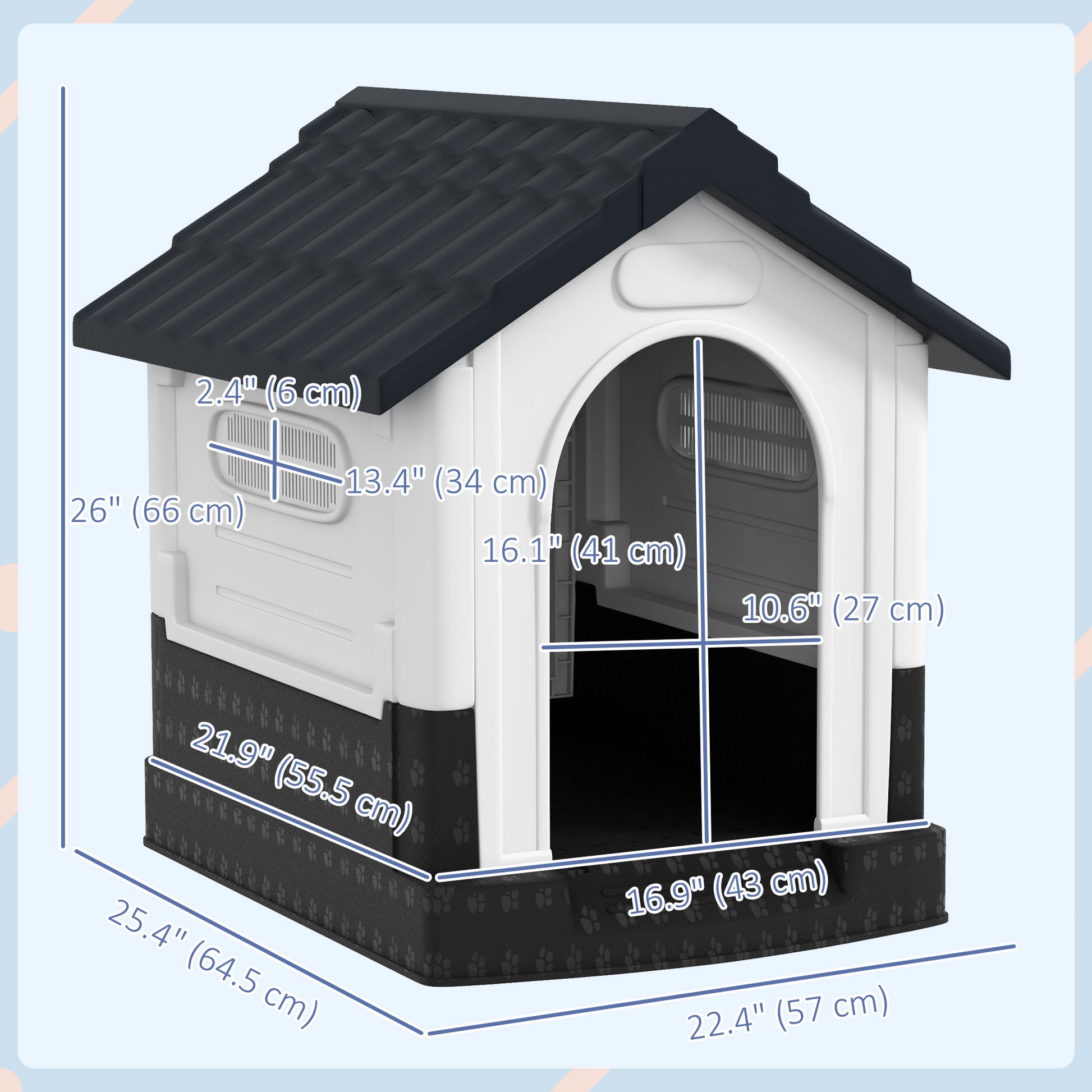 Outside Dog Kennel House with Windows, Base Support, for Garden Patio, Miniature Dogs, 64.5 x 57 x 66cm, Dark Grey