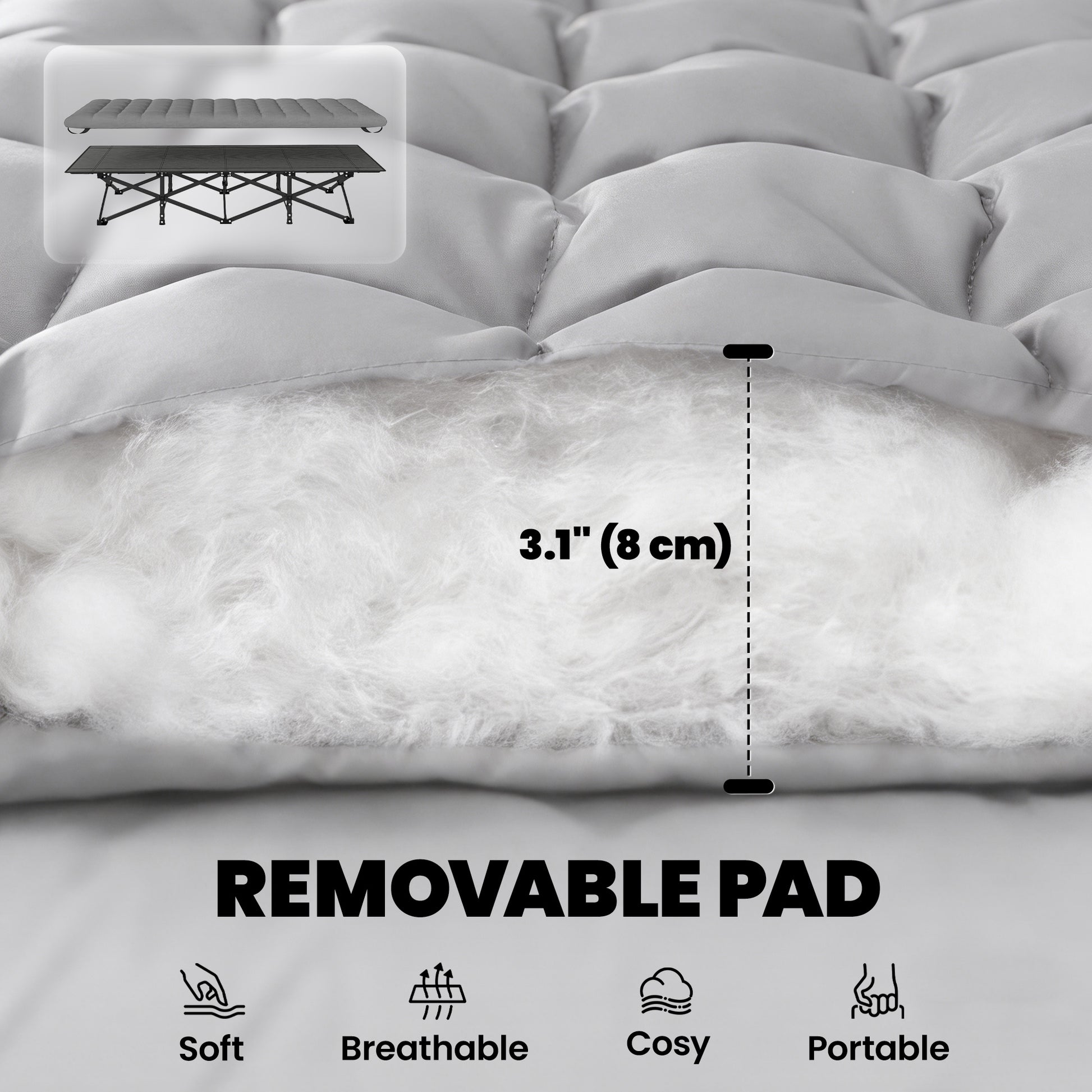 Set of 2 Camping Cot with Soft Pad, 32" Extra Wide Folding Cots with Non-Slip Feet and Carry Bag, Grey