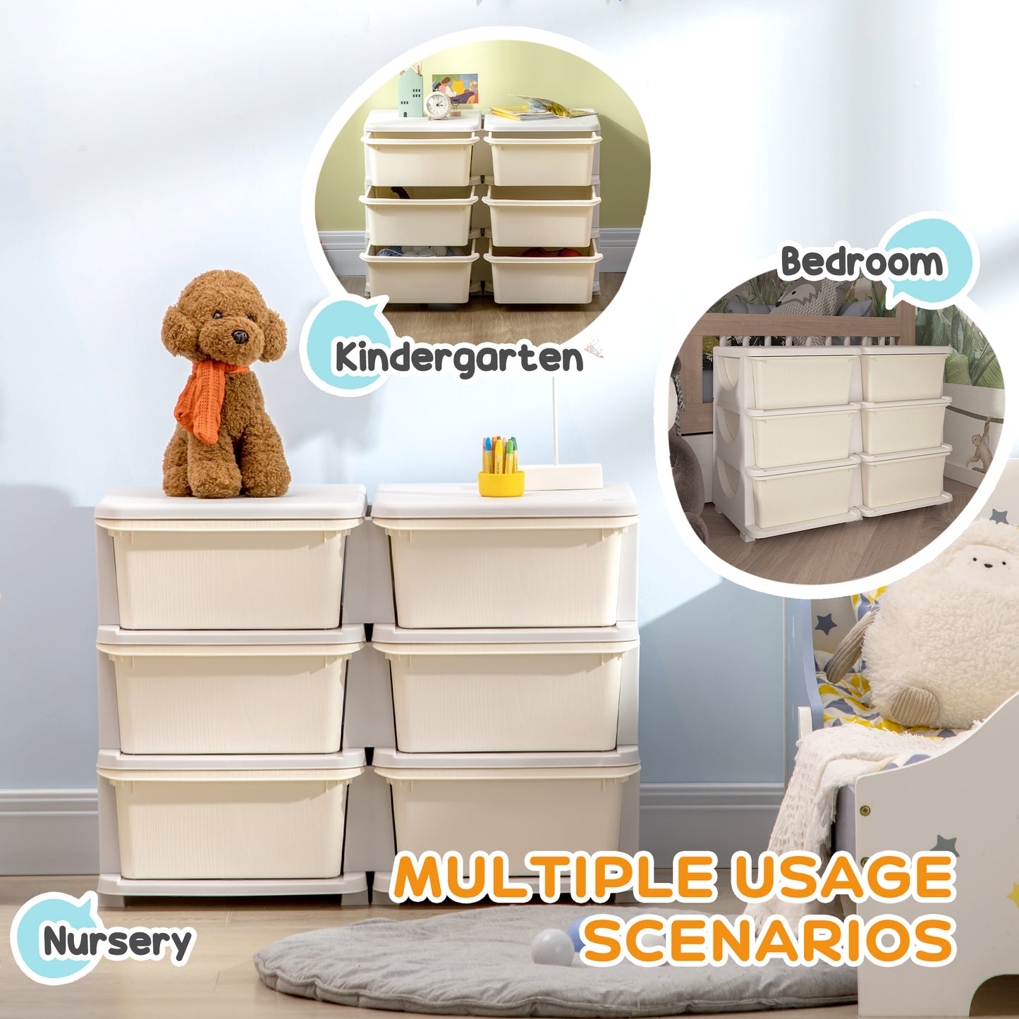 Qaba 3 Tier Kids Toy Organizer and Storage Bins with 6 Plastic Drawers, Cream White