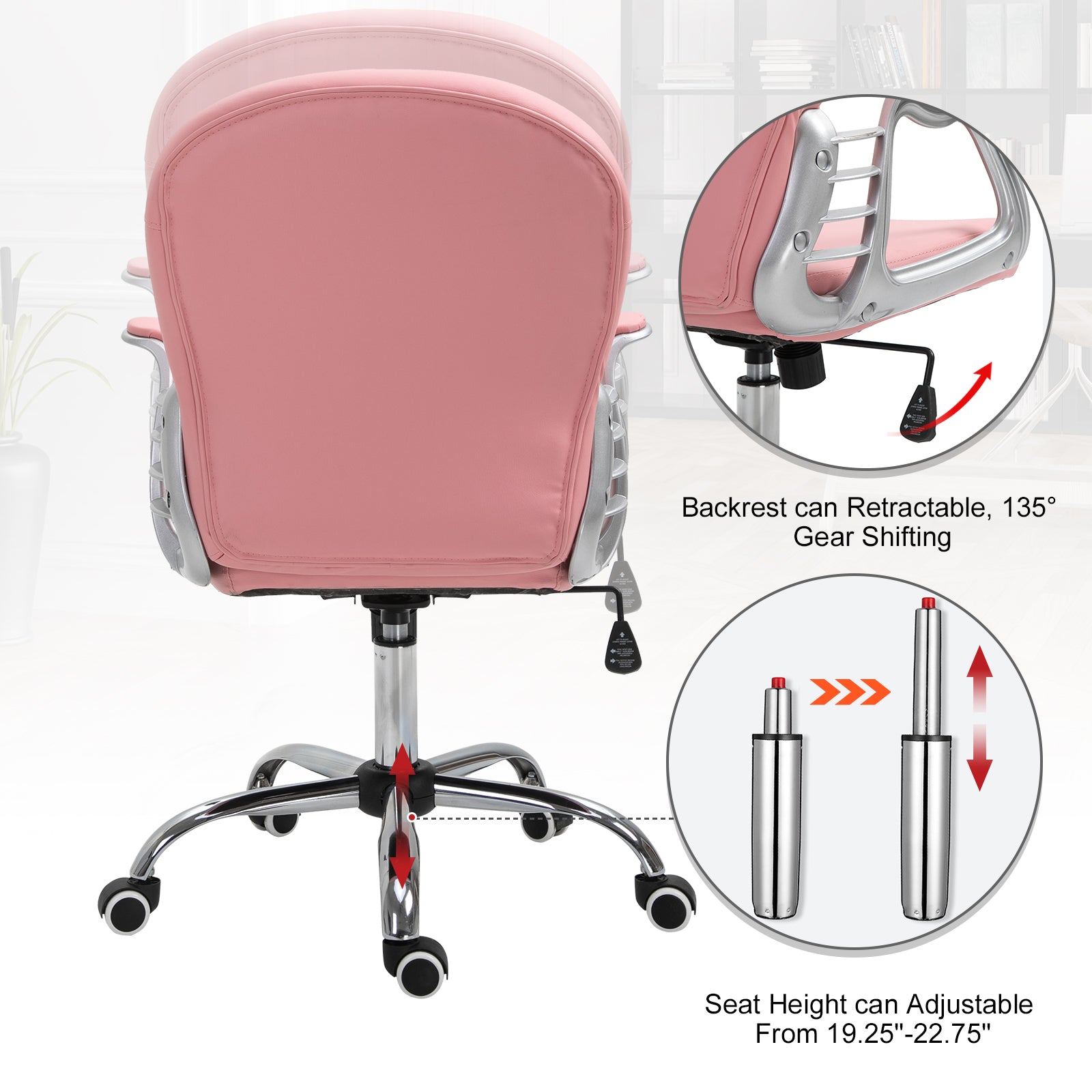 Office Chair, Computer Desk Chair with Adjustable Height and Tufted Back, Pink