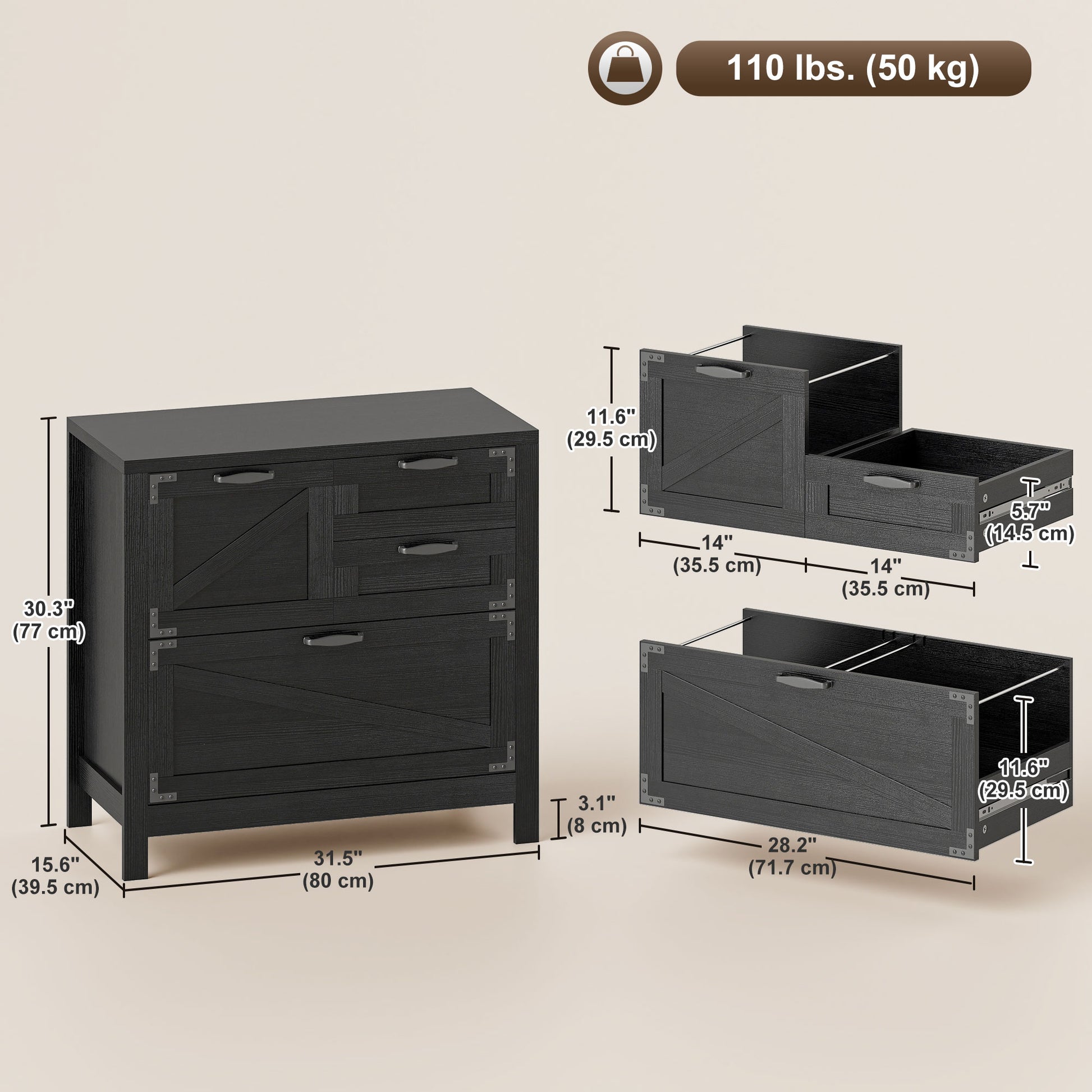 Lateral Filing Cabinet, Farmhouse File Cabinet with 4 Drawers, Fit Letter/A4/Legal Hanging Files, Black Wood Grain