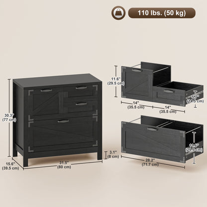 Lateral Filing Cabinet, Farmhouse File Cabinet with 4 Drawers, Fit Letter/A4/Legal Hanging Files, Black Wood Grain
