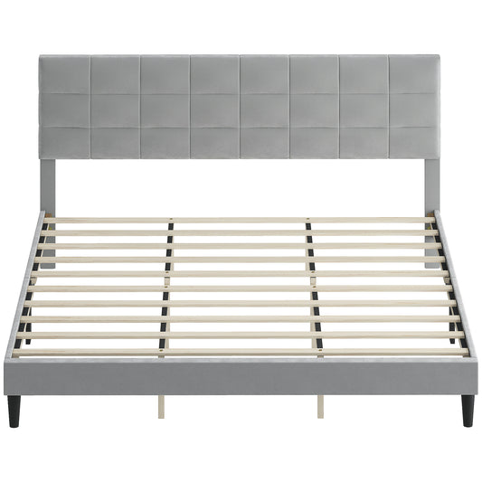 King Size Bed Frame with Upholstered Headboard, Modern Platform Bed Frame with Wood Slats, 1100 lbs Capacity, Grey
