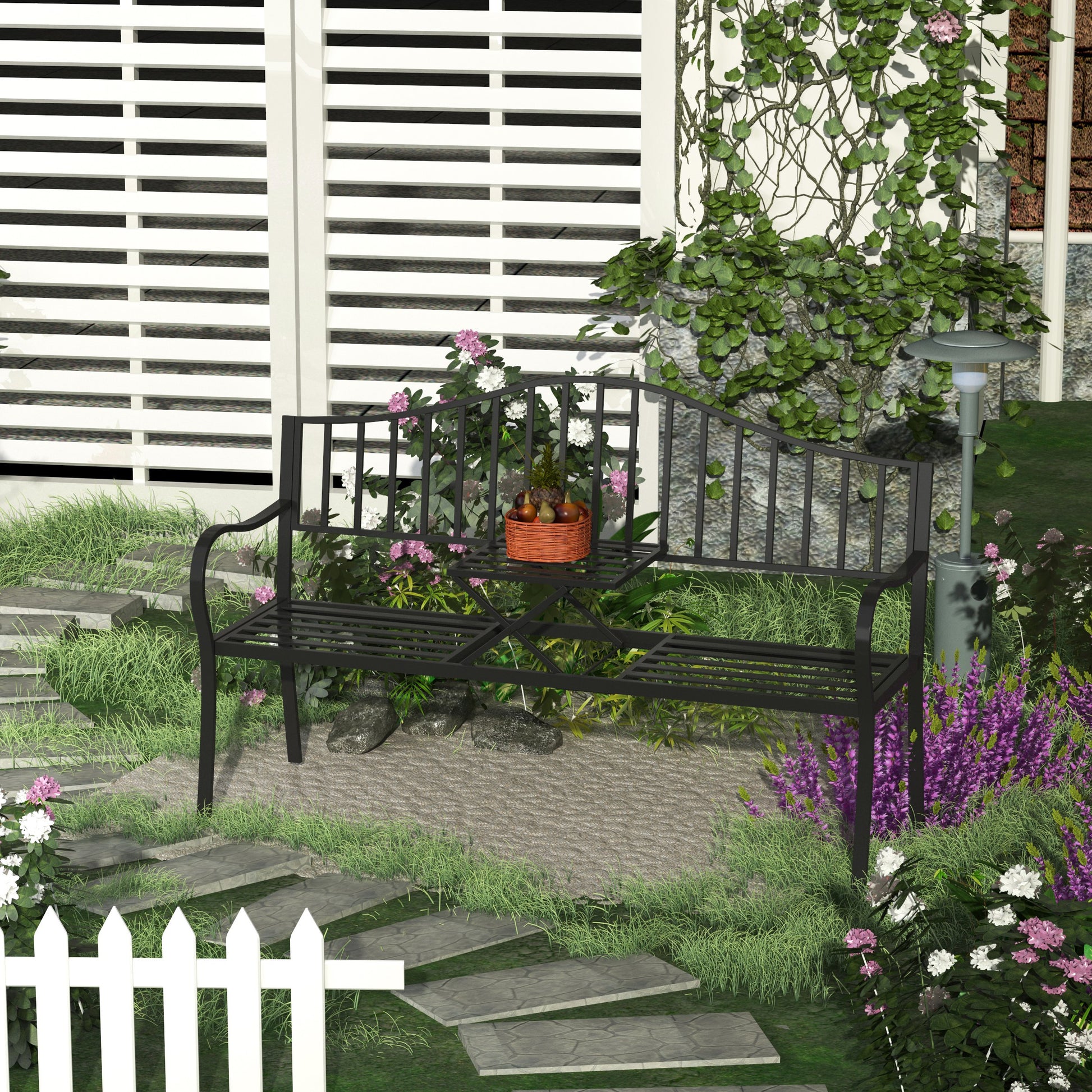 Outdoor Bench with Retractable Middle Table, Metal Frame Patio Loveseat with Slatted Seat and Backrest, Curved Armrests,