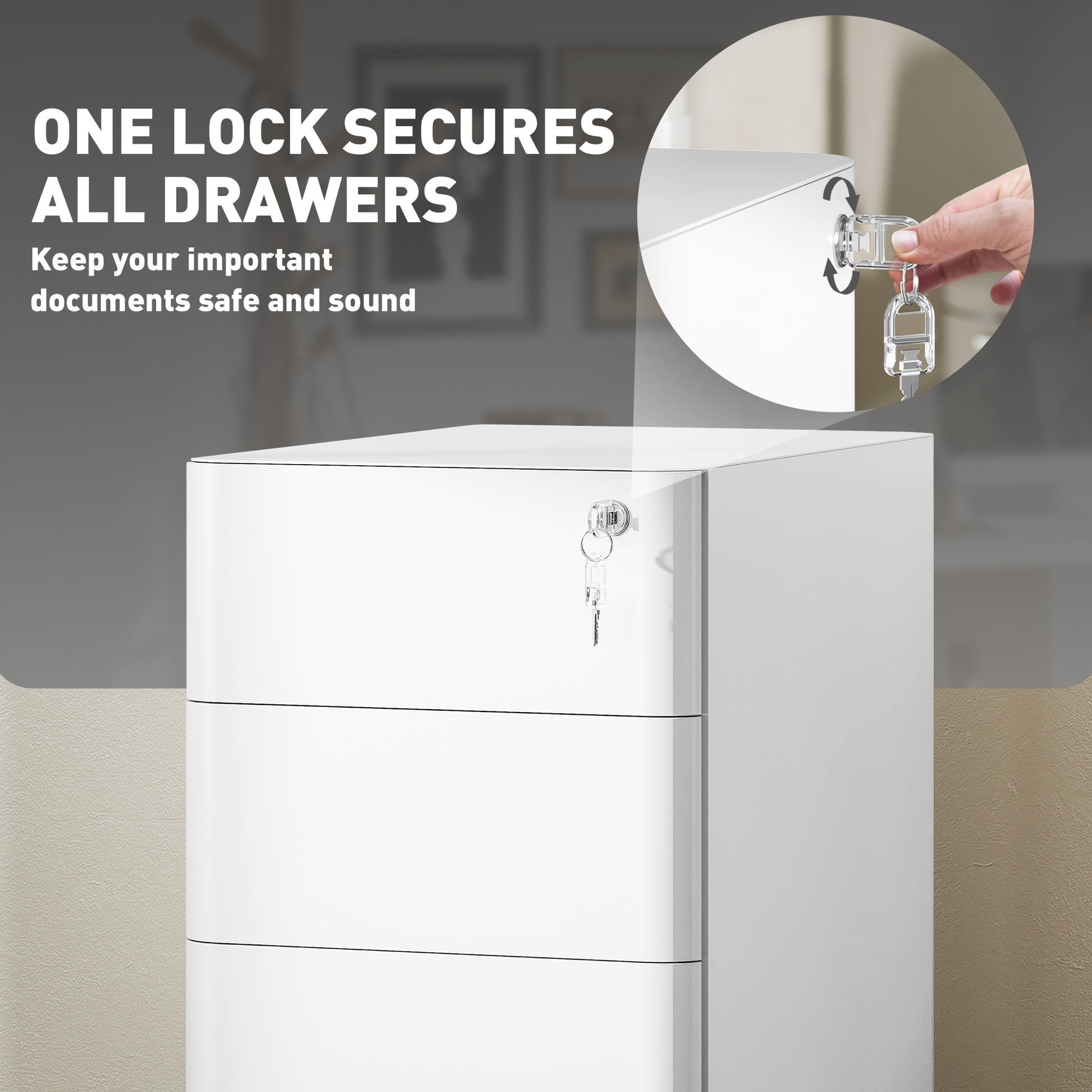 3 Drawer Filing Cabinet, Lockable Steel Office Storage Cabinet with Hanging Bar for Letter, A4, Legal Files, White