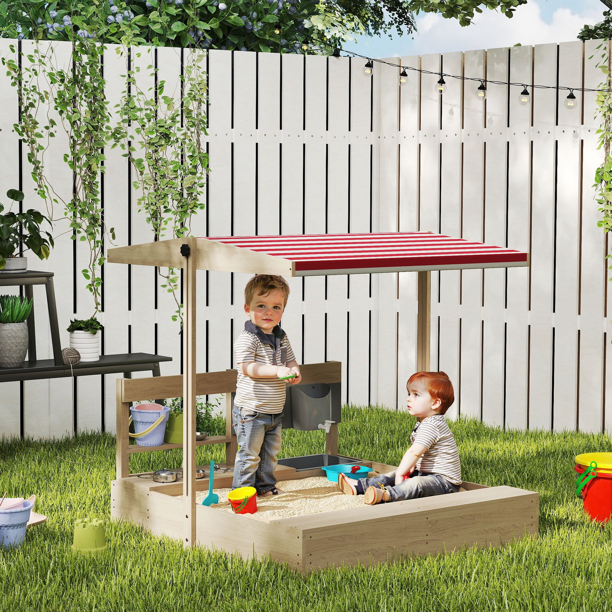 Kids Sandbox with Cover Kitchen Playset Toys, Wooden Sand Box with Seat, Storage, for 3-7 Years Old, Natural Wood