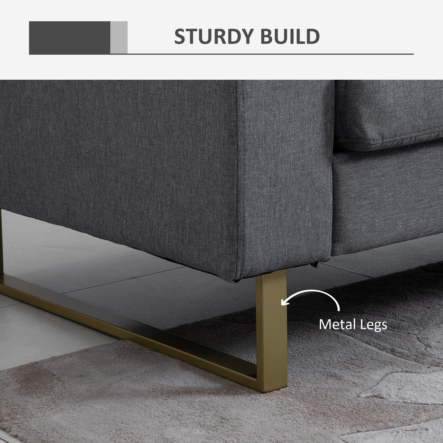 3 Seater Sofa, Linen Upholstered Cozy Padded Couch with Steel Leg, Backrest and Wide Armrest, for Living room, Bedroom, 