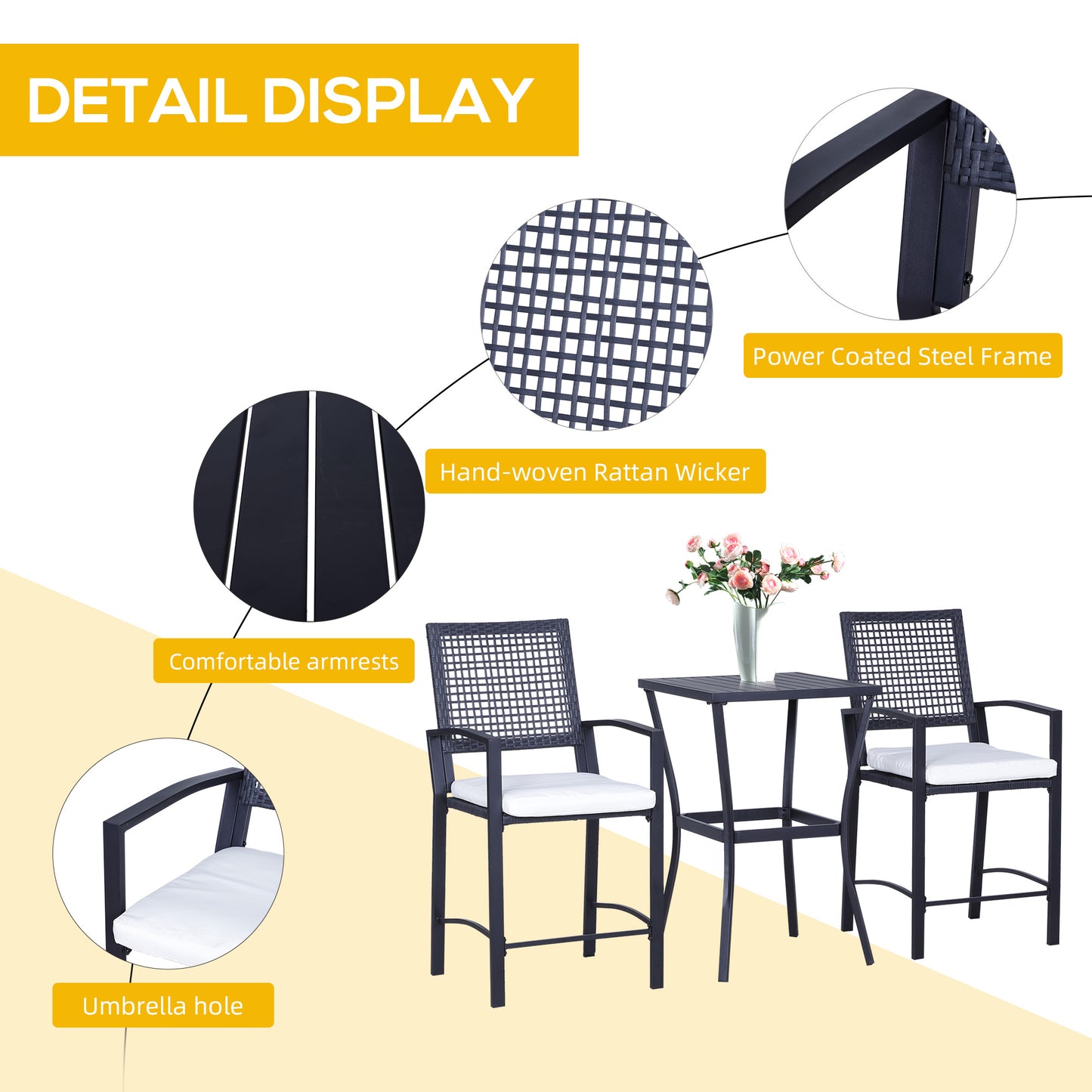 3 Pieces Outdoor Wicker Bar Set, Classic Bistro Bar Set Garden Rattan Style Patio Bar Table & High Chairs w/ Cushions Ho