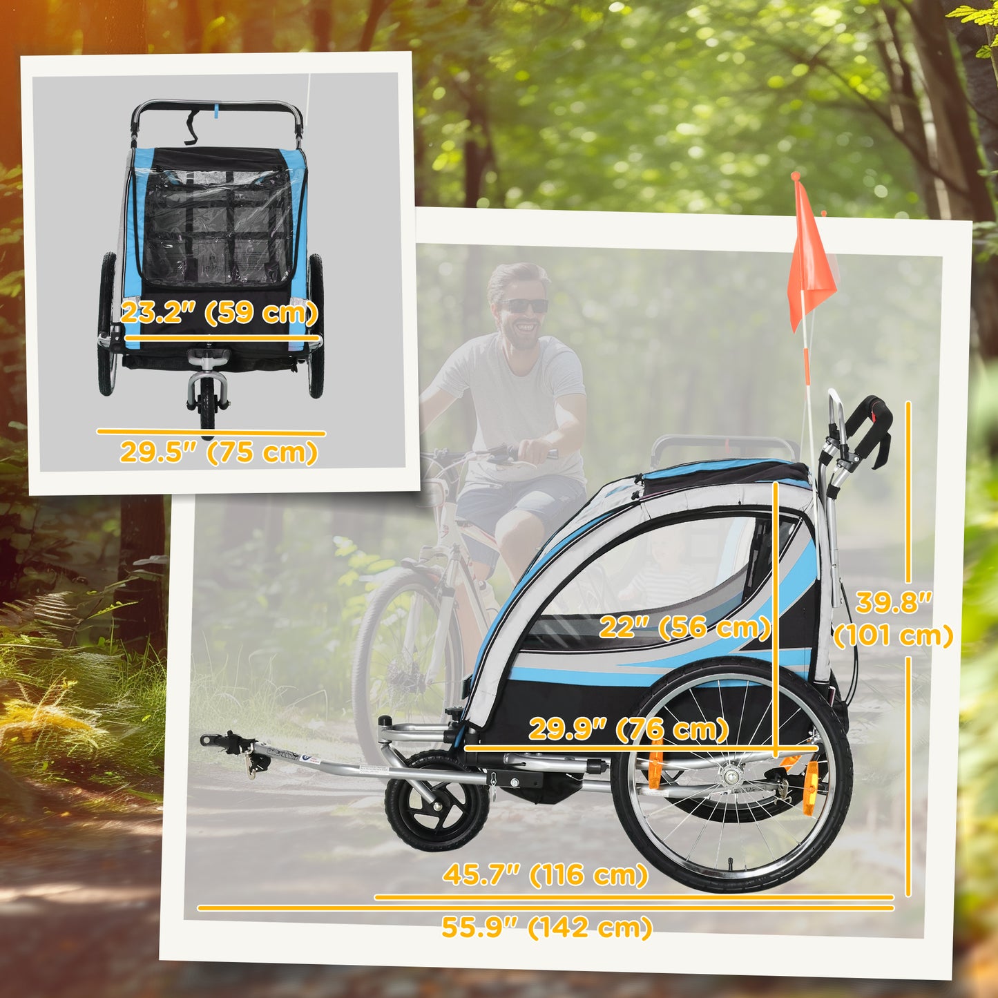 VarietyKart 2 Seat Bike Trailer for Kids 2-in-1 Double Baby Stroller with Handbrake, Rubber Wheels, 5 Point Harness, Wat