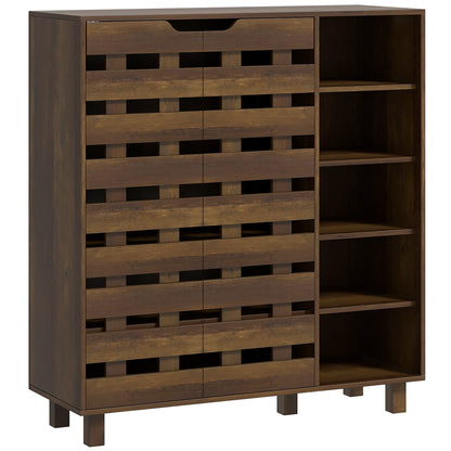 Shoe Cabinet, 21 Pair Shoe Storage Cabinet Organizer with 5-tier Double Door Cupboard and 5-tier Open Shelves, Brown
