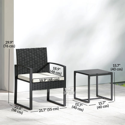 Outdoor Bistro Set, 3 Piece Wicker Patio Furniture Set with Glass Top Table and Cushions for Porch, Balcony, Cream White