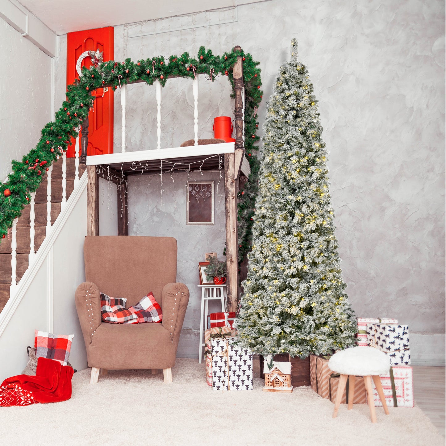 9 Feet Prelit Artificial Snow Flocked Pencil Christmas Tree, Slim Xmas Tree with Warm White LED Light, Holiday Home Xmas
