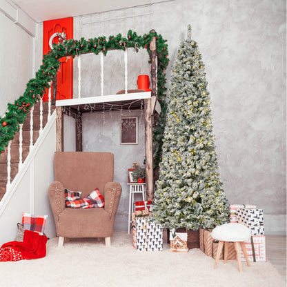 9 Feet Prelit Artificial Snow Flocked Pencil Christmas Tree, Slim Xmas Tree with Warm White LED Light, Holiday Home Xmas