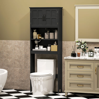 Modern Over The Toilet Storage, Bathroom Cabinets Over Toilet with Open Shelves and Double Door Cabinet, Black