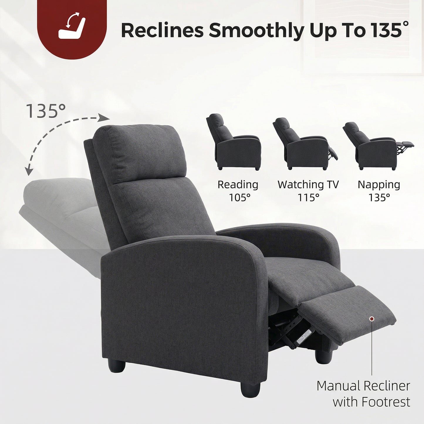 Fabric Recliner Sofa Manual Recliner, Home Theater Seating Single Reclining Sofa Chair with Padded Seat for Living Room,