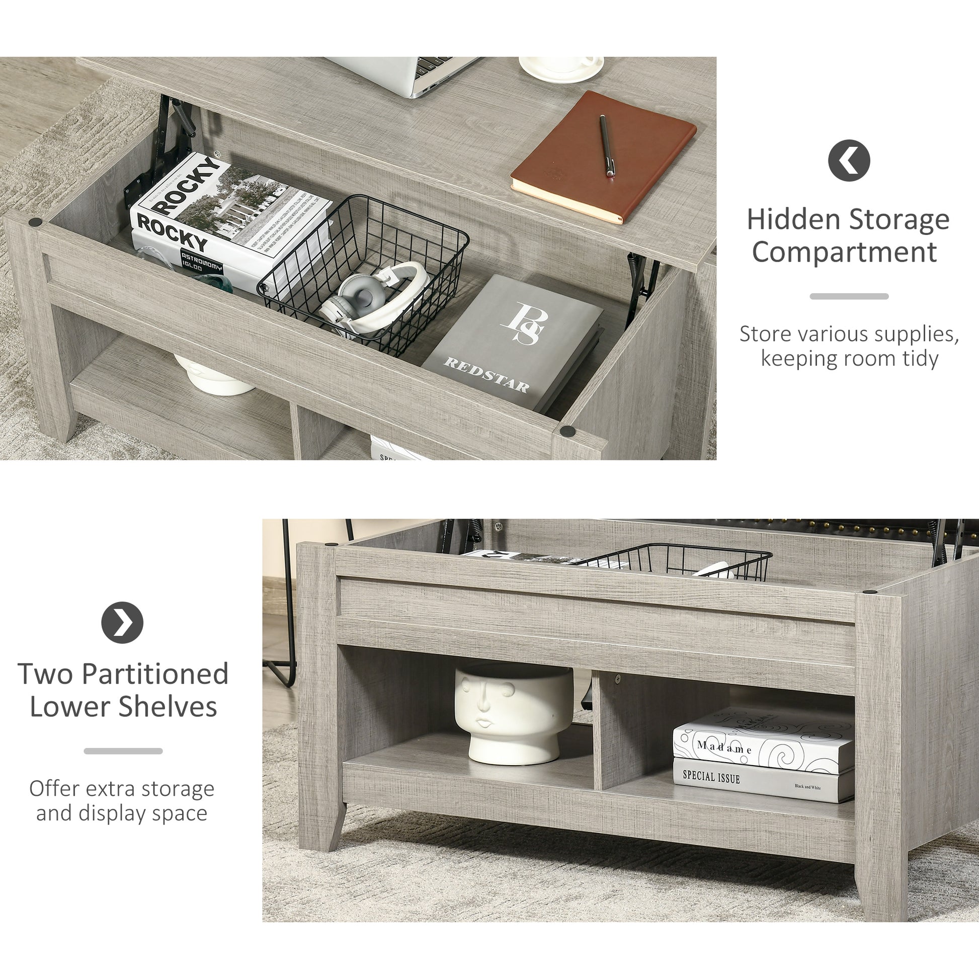 Lift Top Coffee Table with Hidden Storage Compartment and Open Shelves, Lift Tabletop Pop-Up Center Table for Living Roo