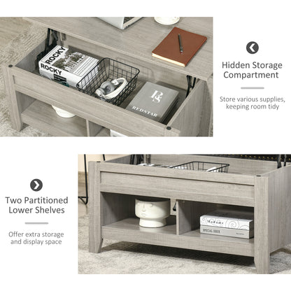 Lift Top Coffee Table with Hidden Storage Compartment and Open Shelves, Lift Tabletop Pop-Up Center Table for Living Roo