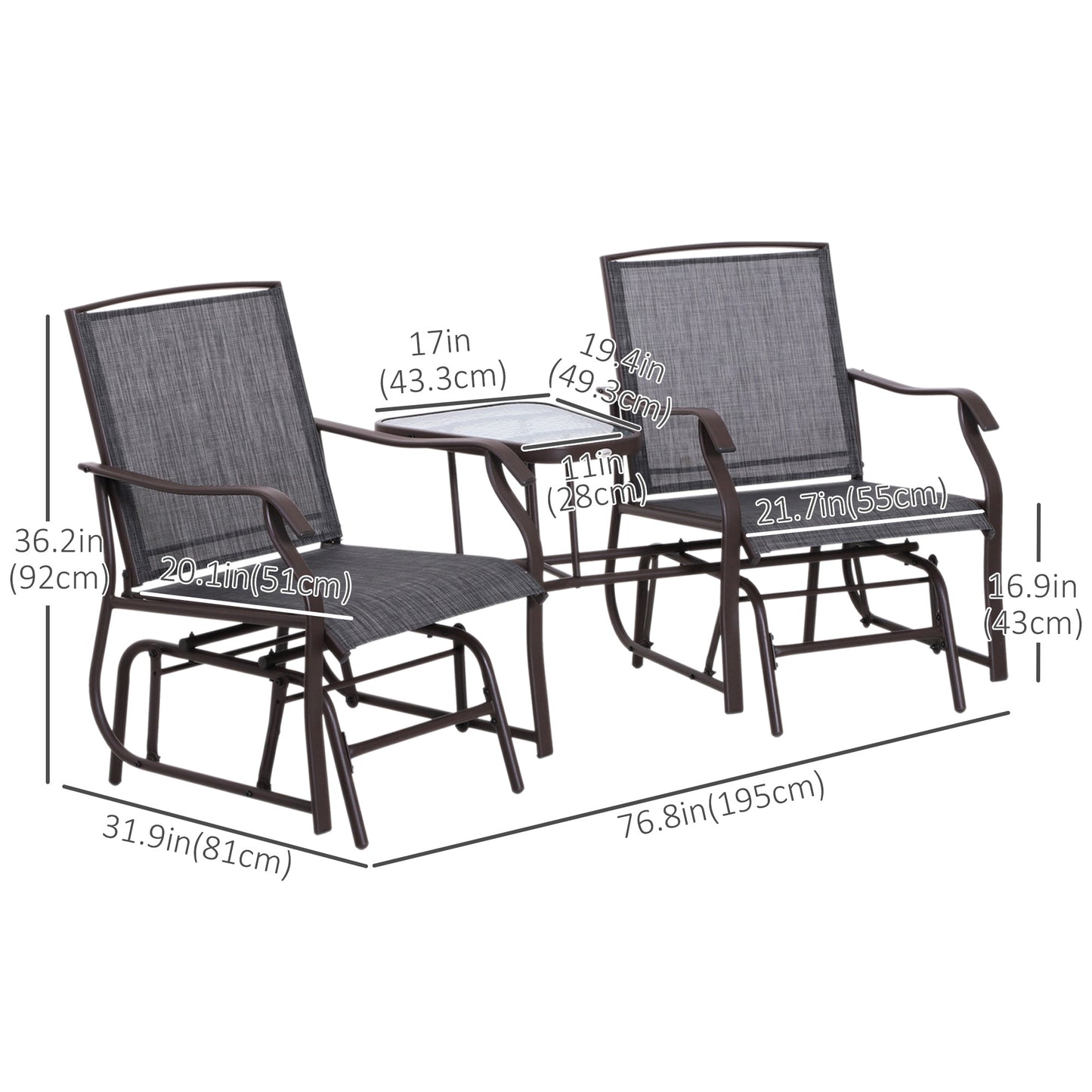 Double Patio Glider Chair with Glass Top Center Table, Outdoor Glider Loveseat with High Back,  All Weather Breathable M