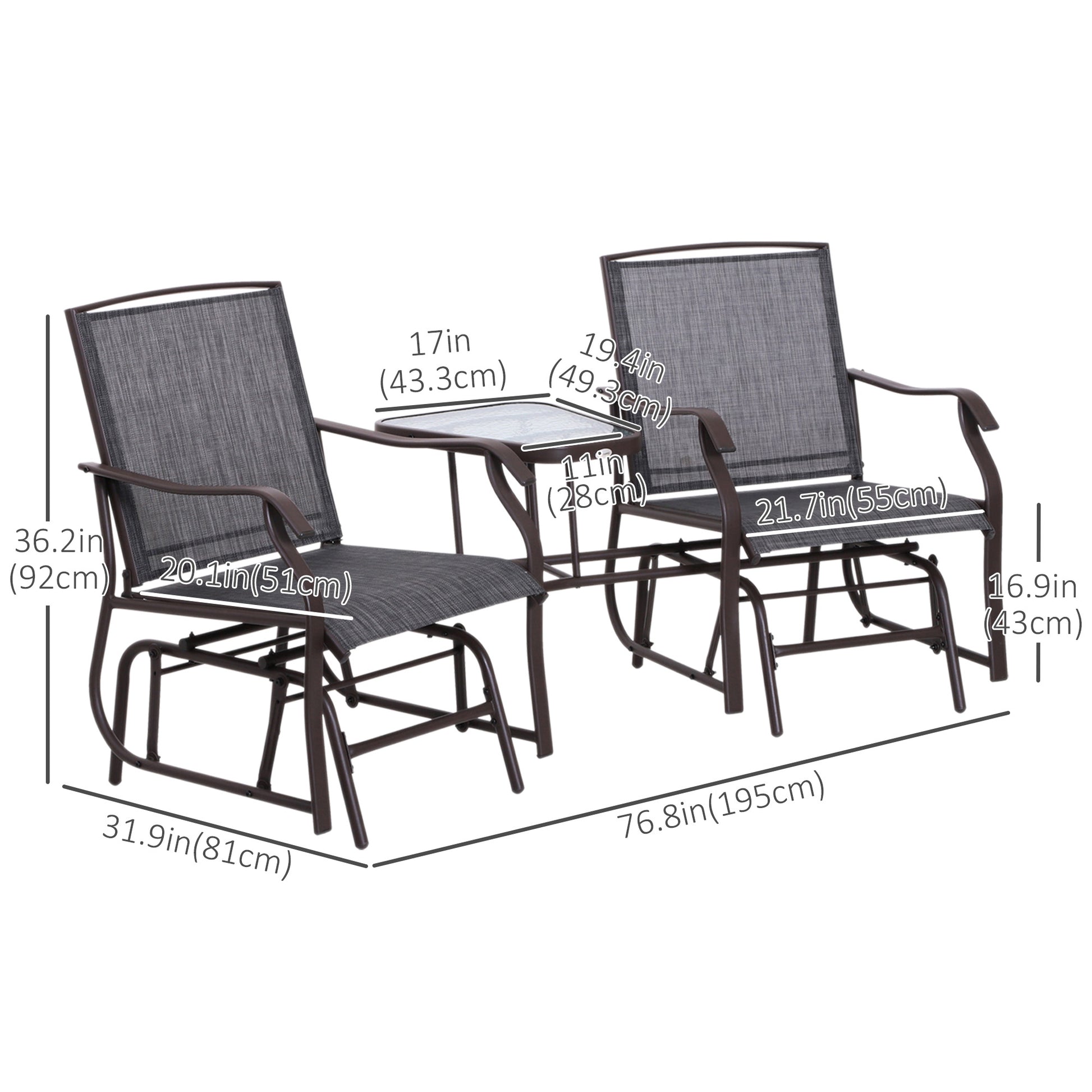 Double Patio Glider Chair with Glass Top Center Table, Outdoor Glider Loveseat with High Back,  All Weather Breathable M