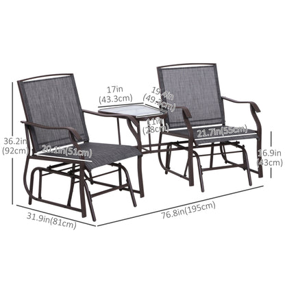 Double Patio Glider Chair with Glass Top Center Table, Outdoor Glider Loveseat with High Back,  All Weather Breathable M