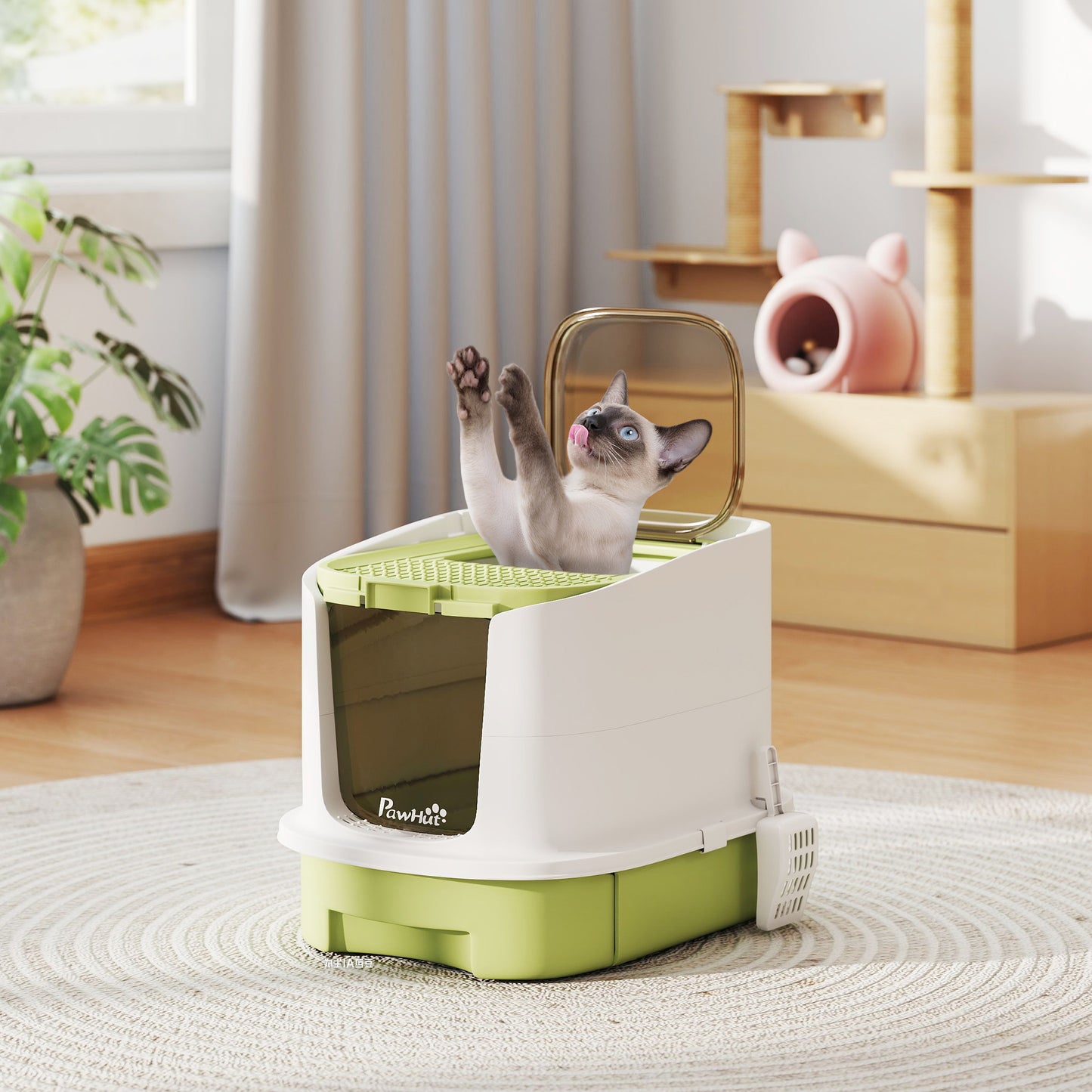 Enclosed Cat Litter Box with Lid, Scoop, Top Entry, Deodorization Bags, Drawer Type Cat Litter Tray, Easy to Clean, Gree