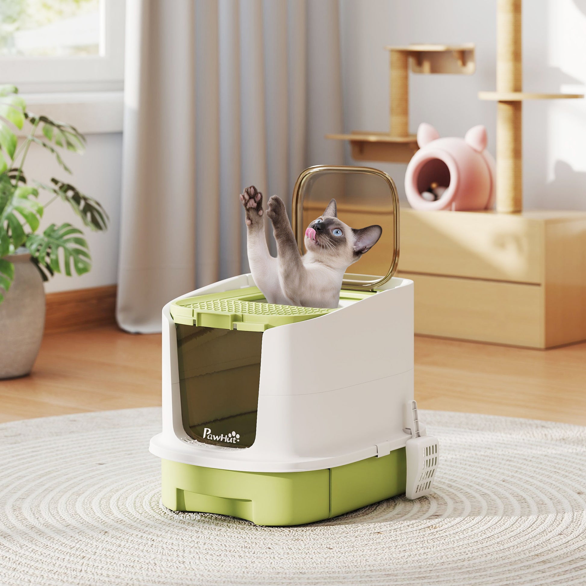 Enclosed Cat Litter Box with Lid, Scoop, Top Entry, Deodorization Bags, Drawer Type Cat Litter Tray, Easy to Clean, Gree