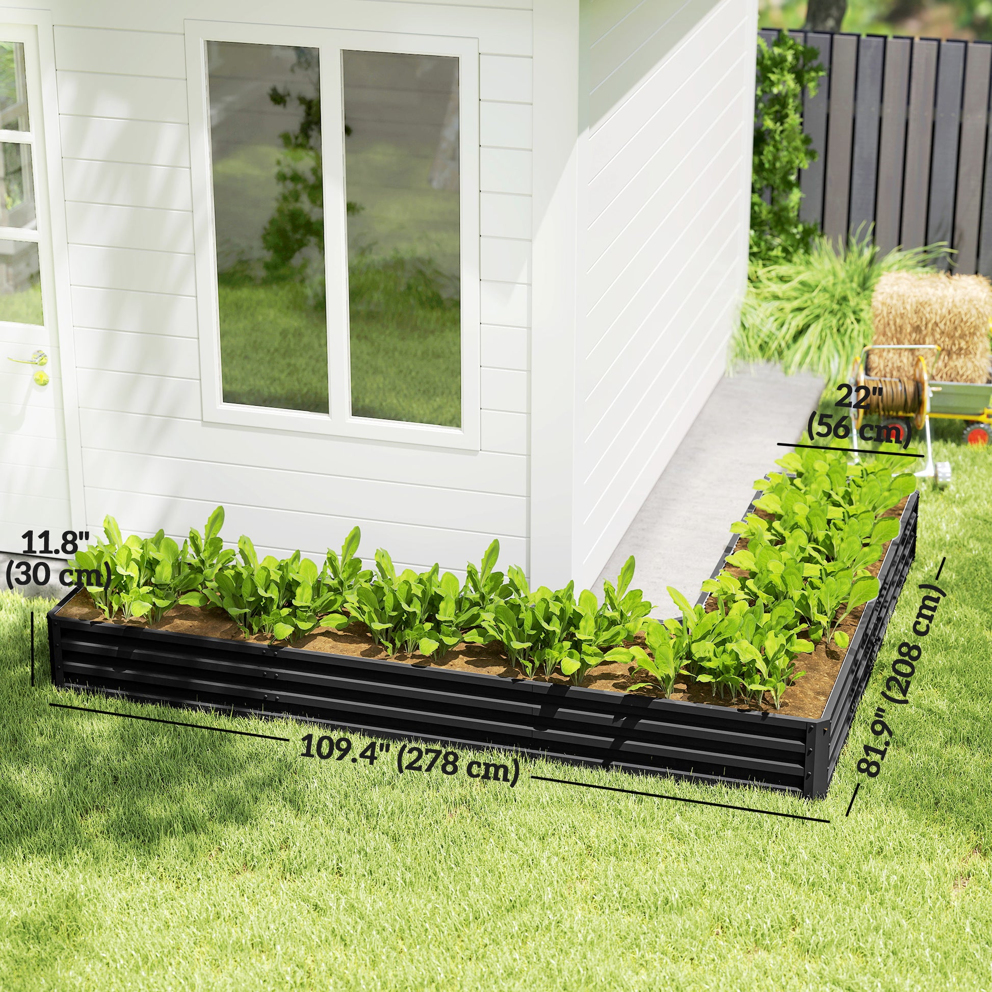 L-Shaped Raised Garden Bed, 82" x 109" x 12" Galvanized Steel Planter Box with Multi-reinforced Rods for Vegetables, Flo
