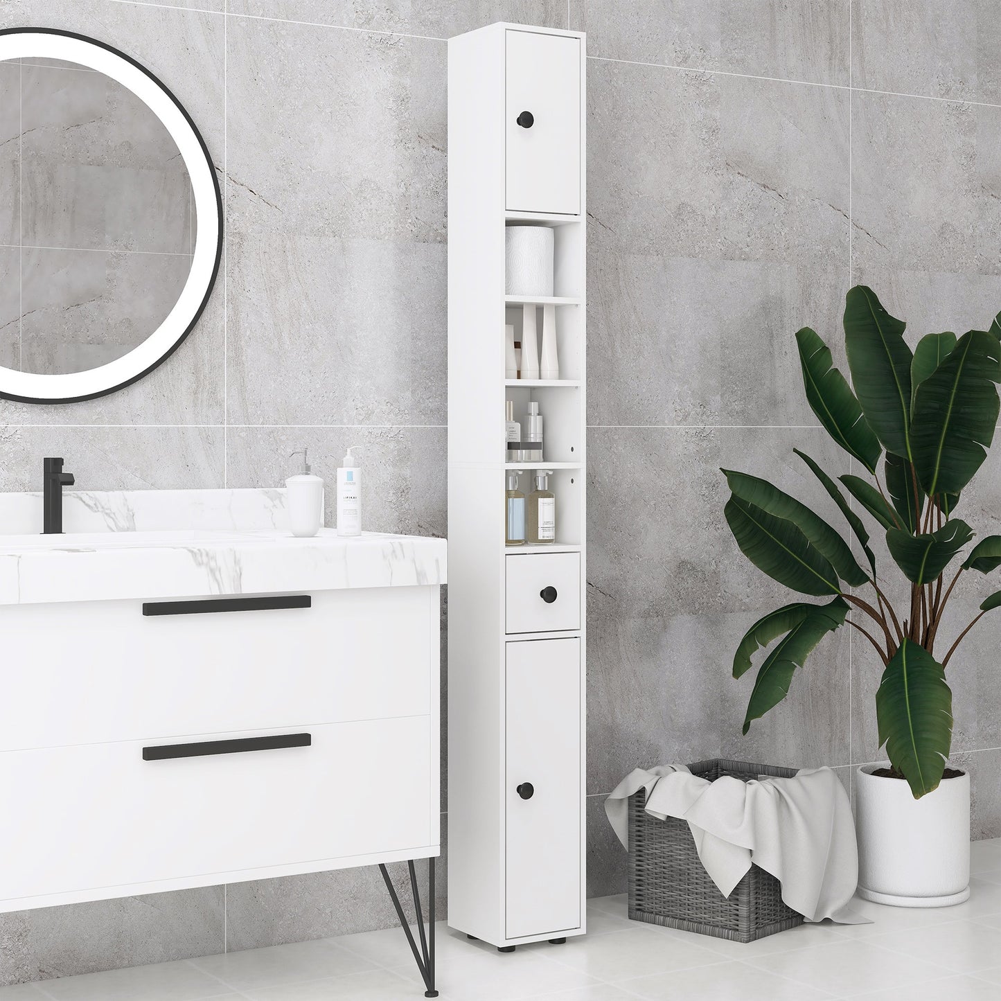 71" Tall Bathroom Storage Cabinet, Narrow Bathroom Cabinet with Open Shelves, 2 Door Cabinets, Adjustable Shelves, for K