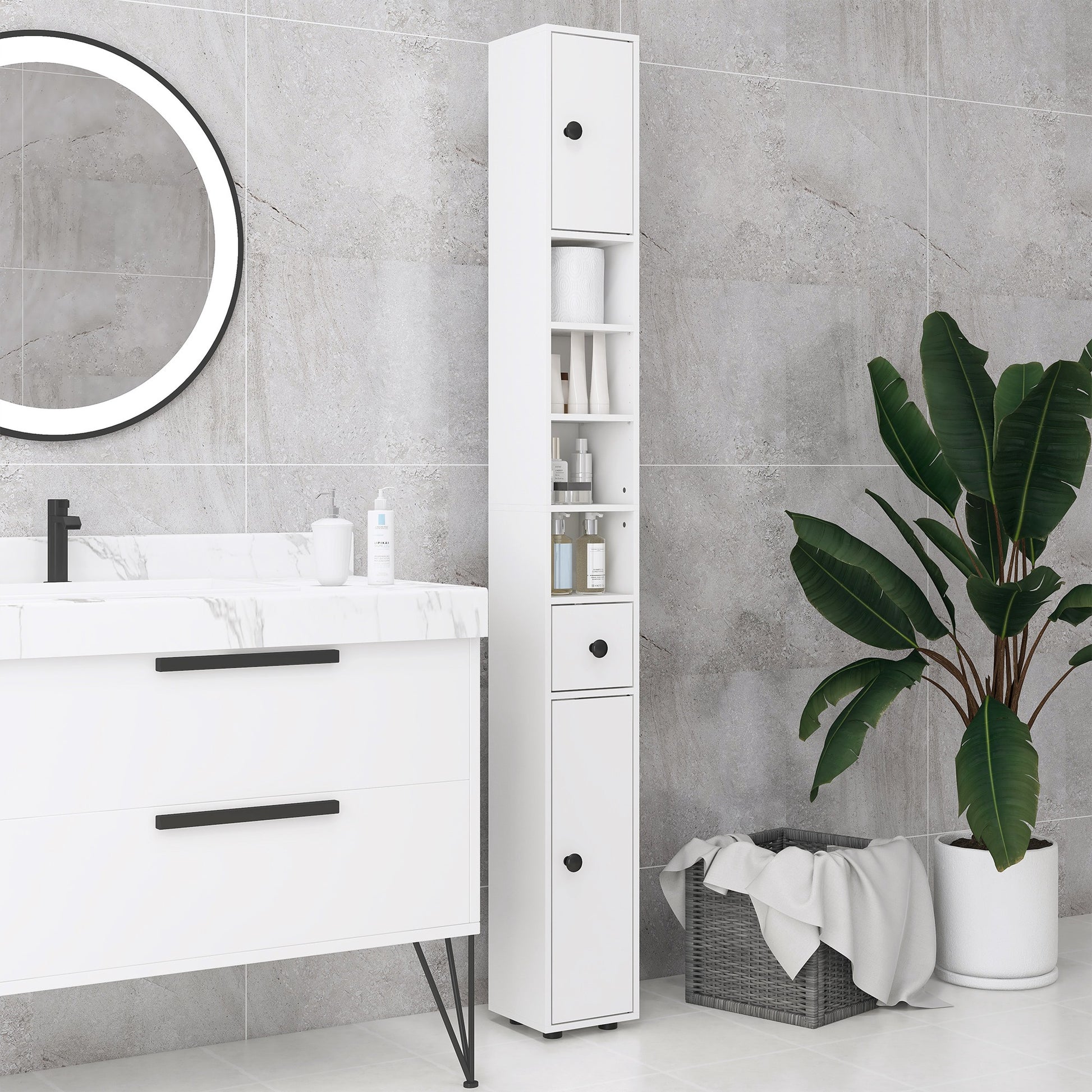 71" Tall Bathroom Storage Cabinet, Narrow Bathroom Cabinet with Open Shelves, 2 Door Cabinets, Adjustable Shelves, for K