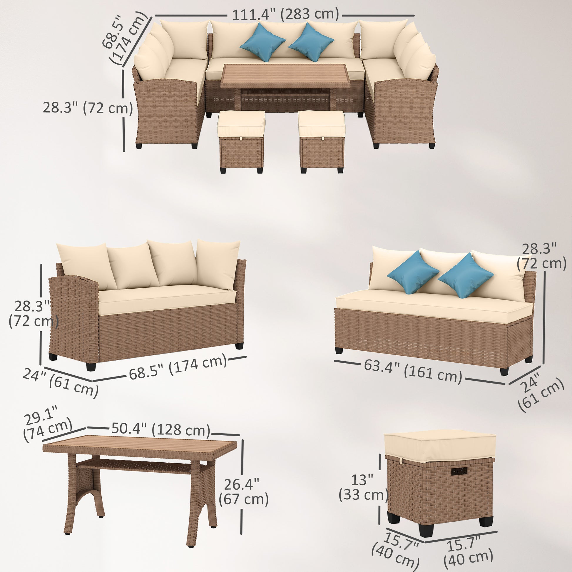 6 Pieces Patio Furniture Set, Outdoor Wicker Sofa Set, All Weather PE Rattan Conversation Furniture, with Strip Wood Gra