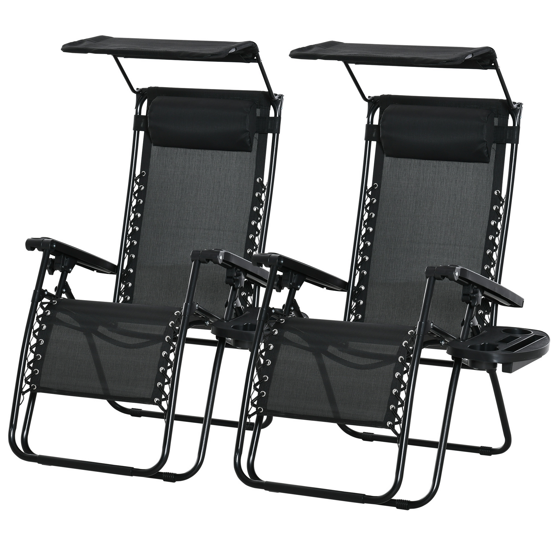2 Piece Foldable Lounge Chair with Canopy Shade, Outdoor Zero Gravity Chair w/ Side Tray & Cup Holder, Reclining Lounger