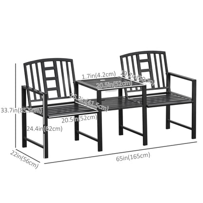 Steel Garden Bench w/ Middle Table, Umbrella Hole, Double Seat for Outdoor, Patio, Backyard  Weather-Resistant Frame, Bl