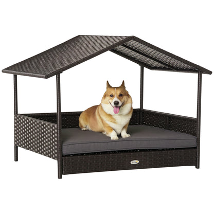 Rattan Dog House with Canopy, Wicker Dog Bed with Water-Resistant Cushion, for Small and Medium Breeds Grey