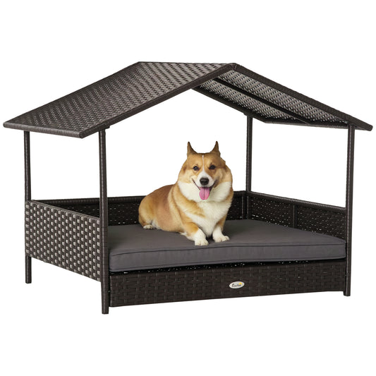 Rattan Dog House with Canopy, Wicker Dog Bed with Water-Resistant Cushion, for Small and Medium Breeds Grey