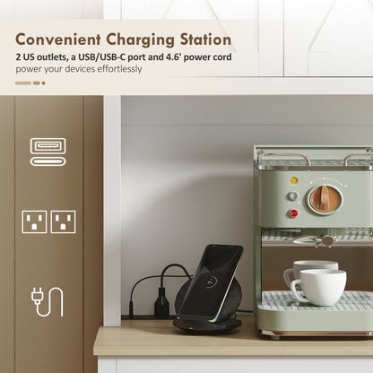 69" Pantry Cabinet with Charging Station, Kitchen Cabinet with Microwave Stand, Tilt-Out Trash Can Cabinet, White