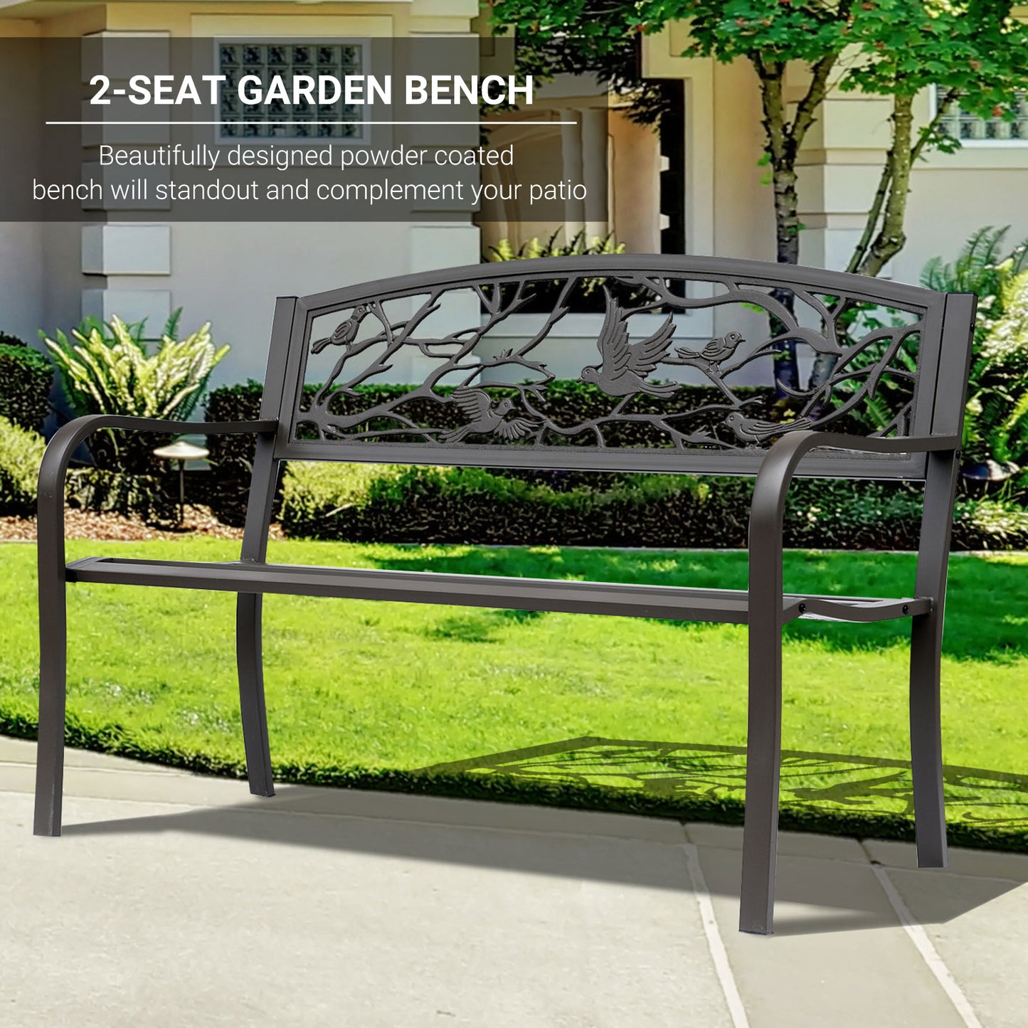 50" Garden Bench Outdoor Loveseat with Vintage Bird Pattern Cast Metal - Brown