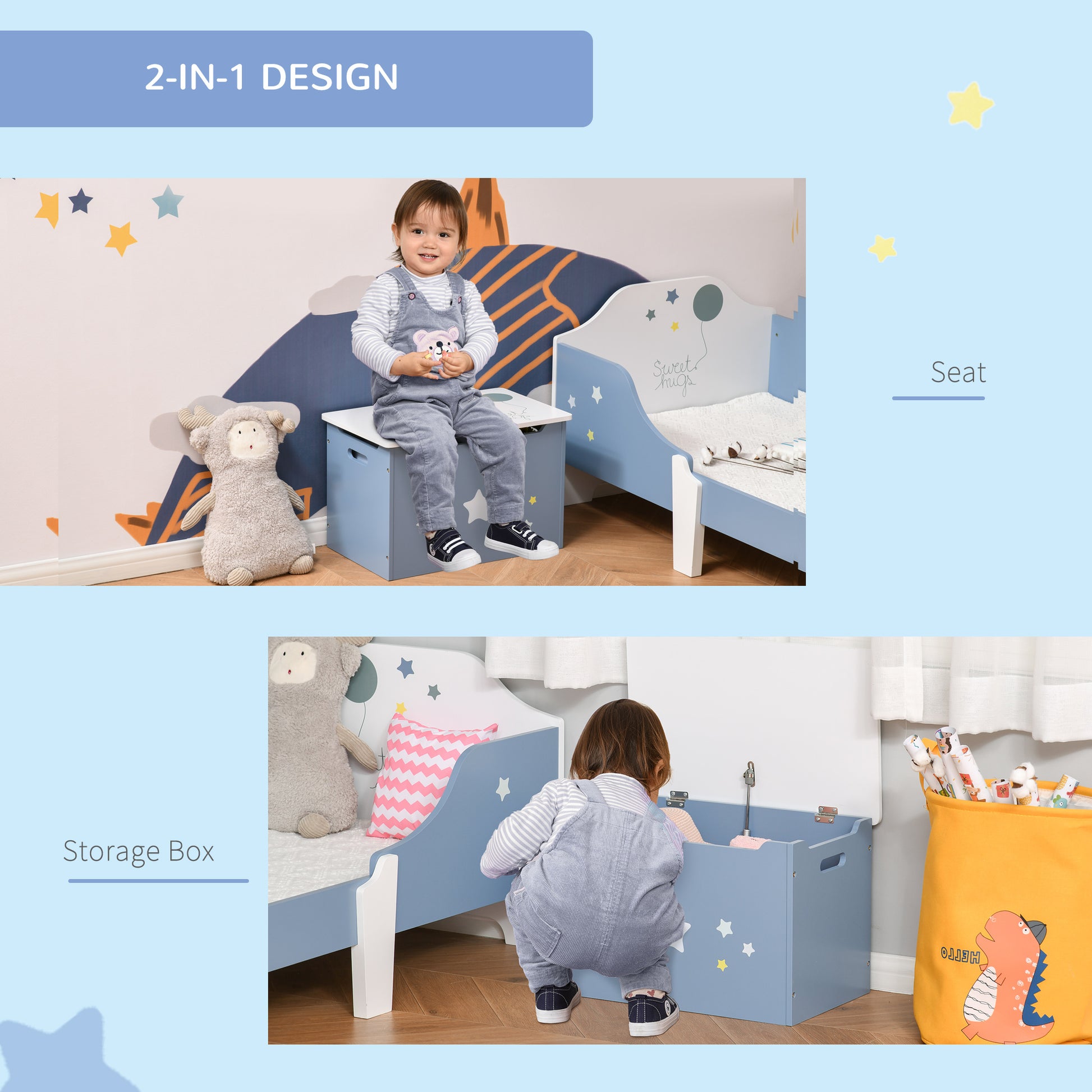 Qaba Kids Toy Storage Box, Organizer Chest with Gas Stay Bar Seating Bench, Blue