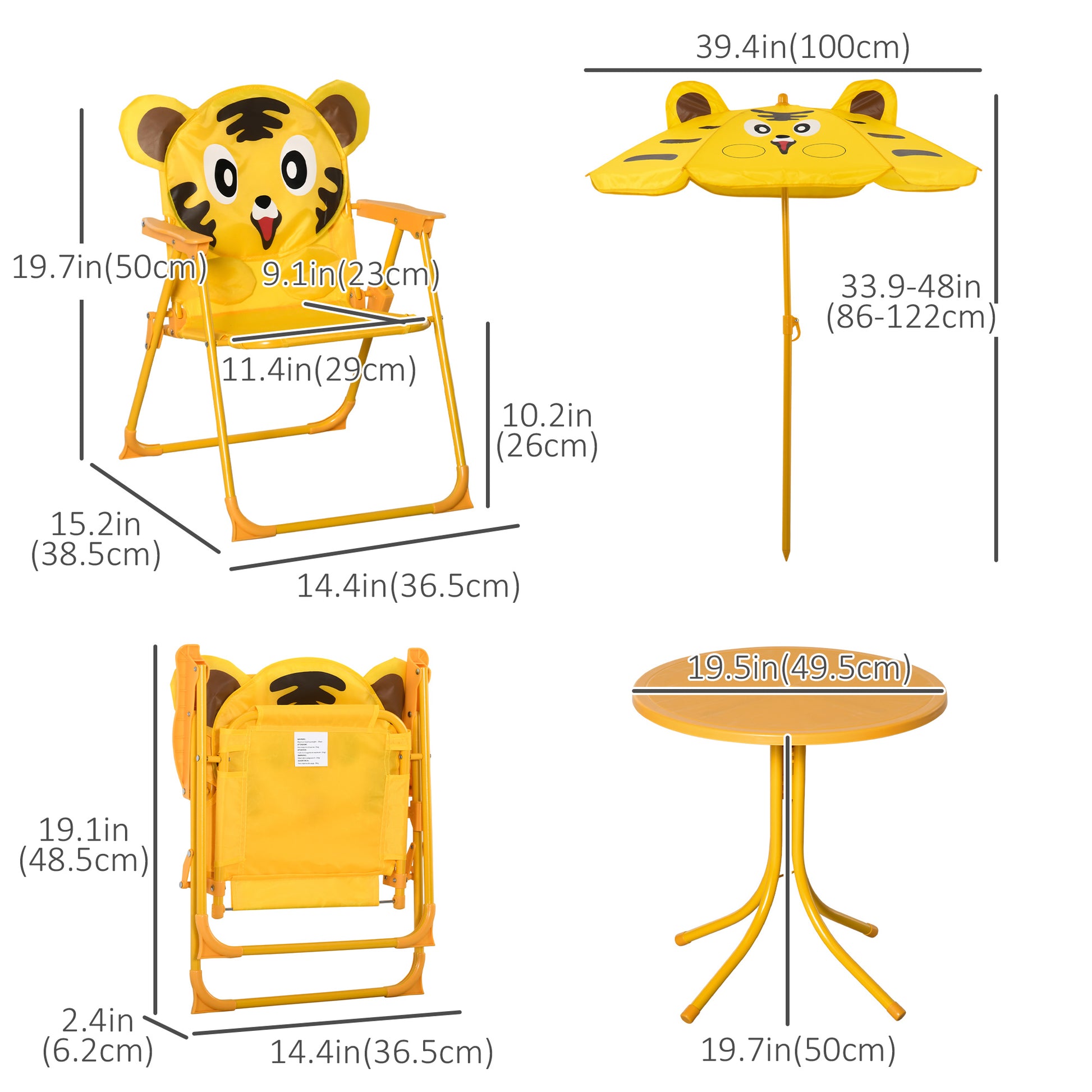 Kids Folding Picnic Table and Chair Set Pattern Outdoor Garden Patio Backyard with Removable & Height Adjustable Sun Umb